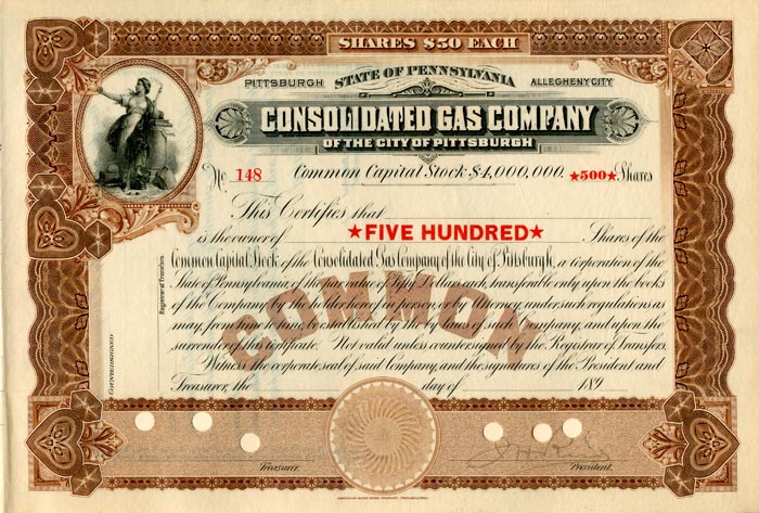 Consolidated Gas Co. of the City of Pittsburgh - Stock Certificate